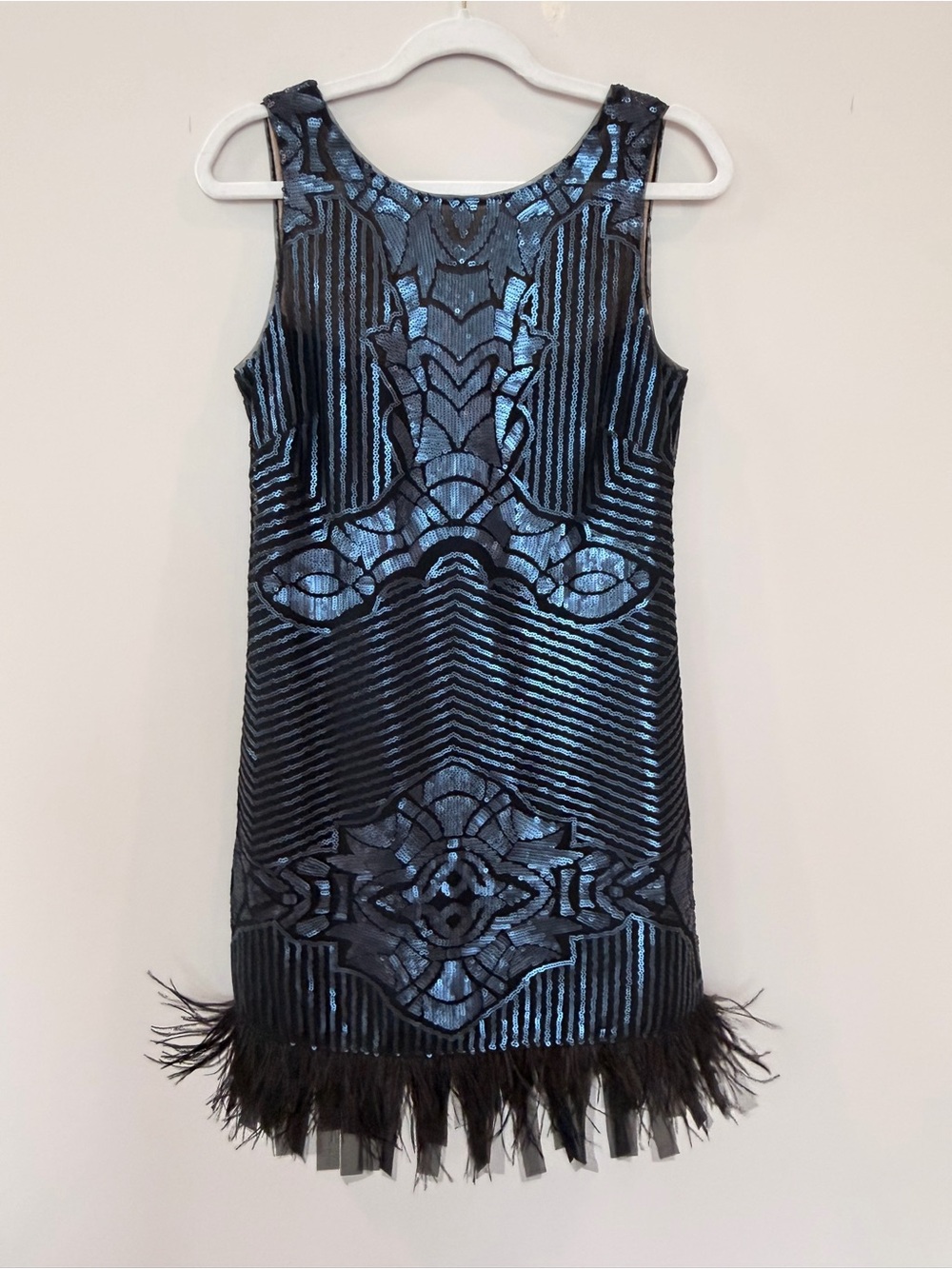 BCBGMaxAzria Black and Blue Art Deco Sequin Fringe Mini Dress